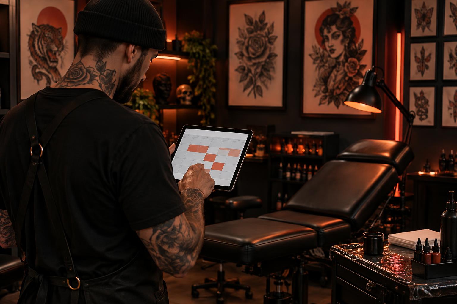 Tatuador consultando a agenda do estúdio no tablet ao lado da maca