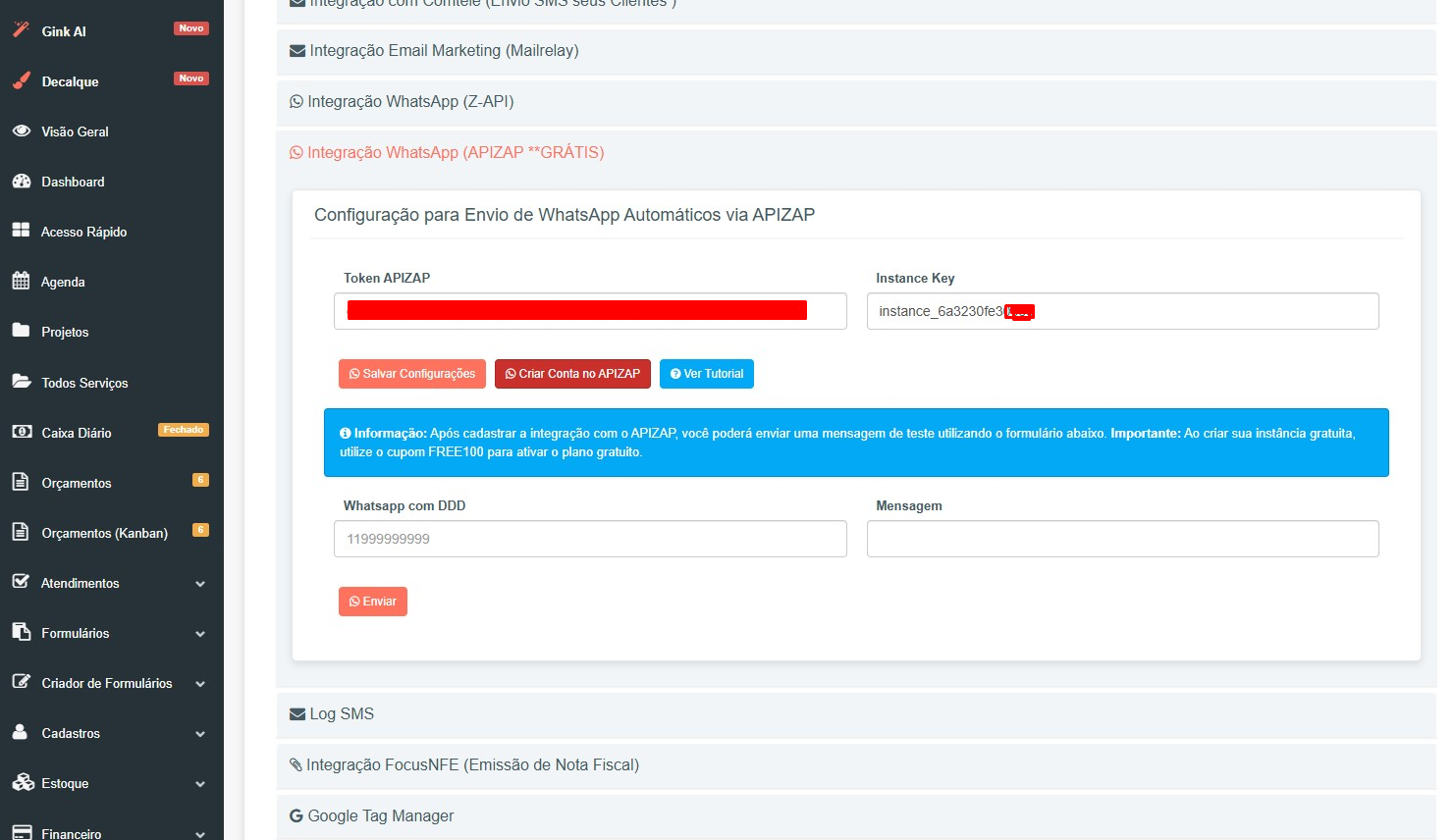 Configuração da API de WhatsApp nas configurações do GestãoInk