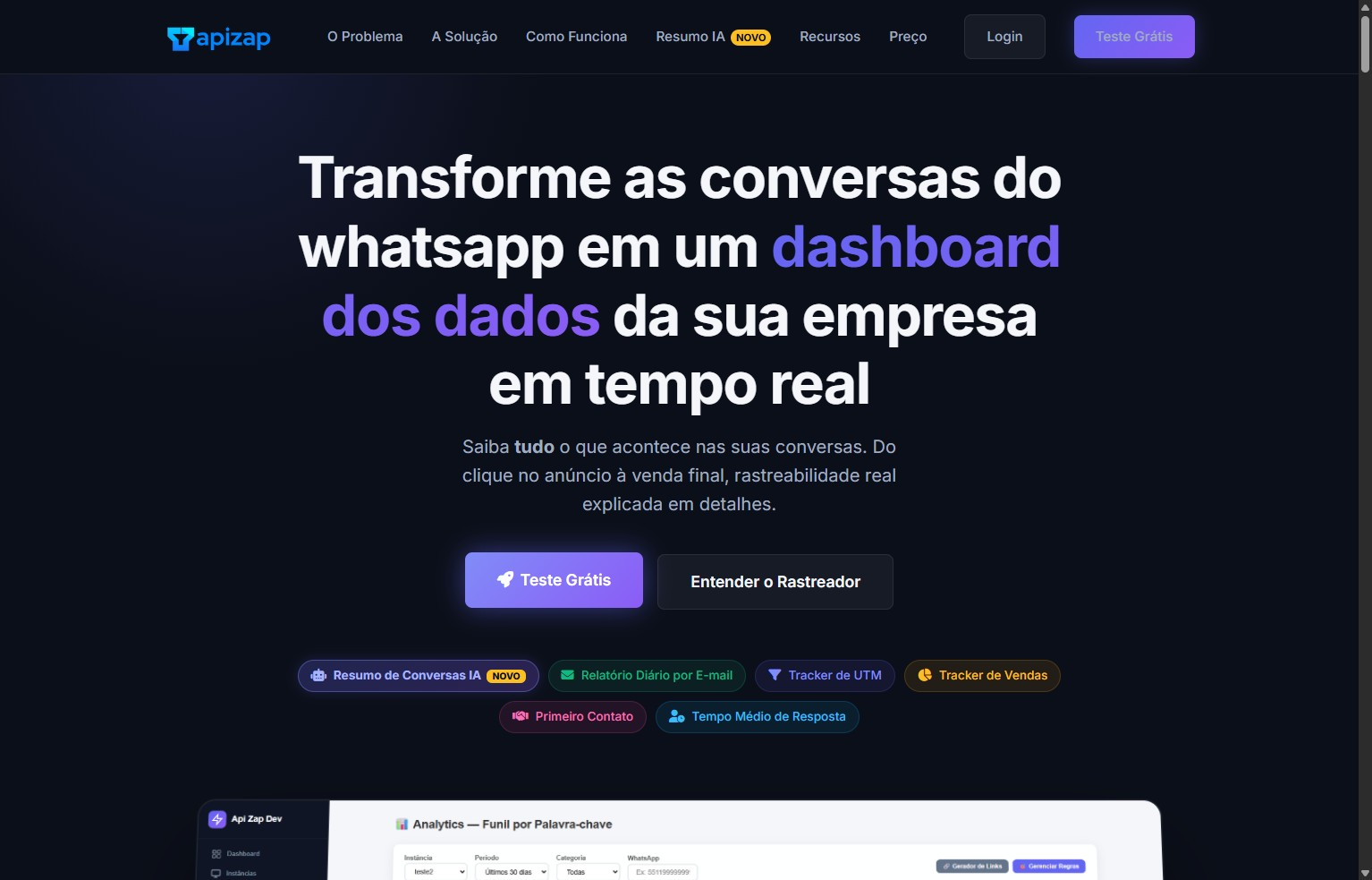 Tela inicial e login da plataforma APIZAP