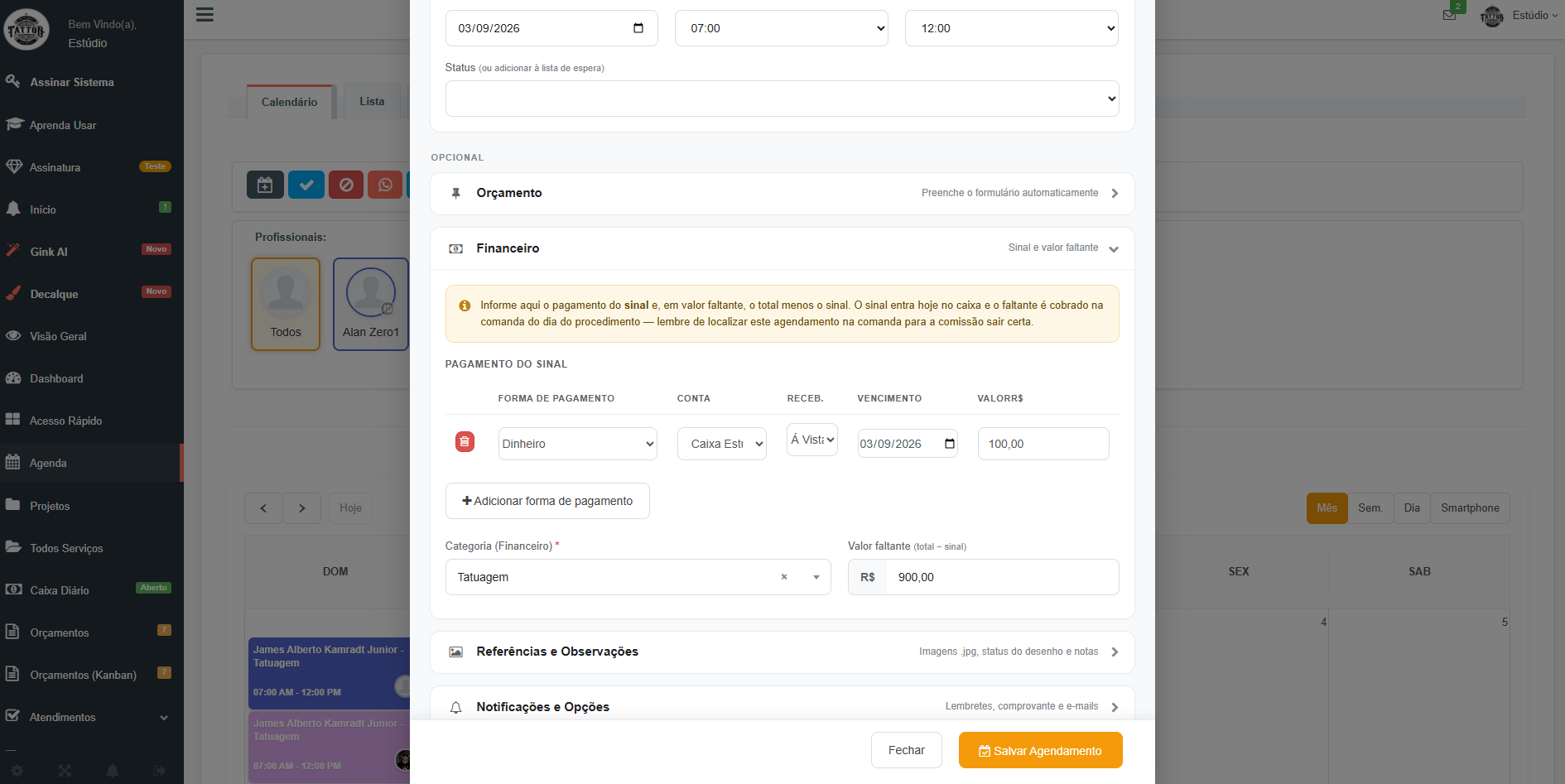 Registro de pagamento de sinal no agendamento e entrada automática no caixa diário