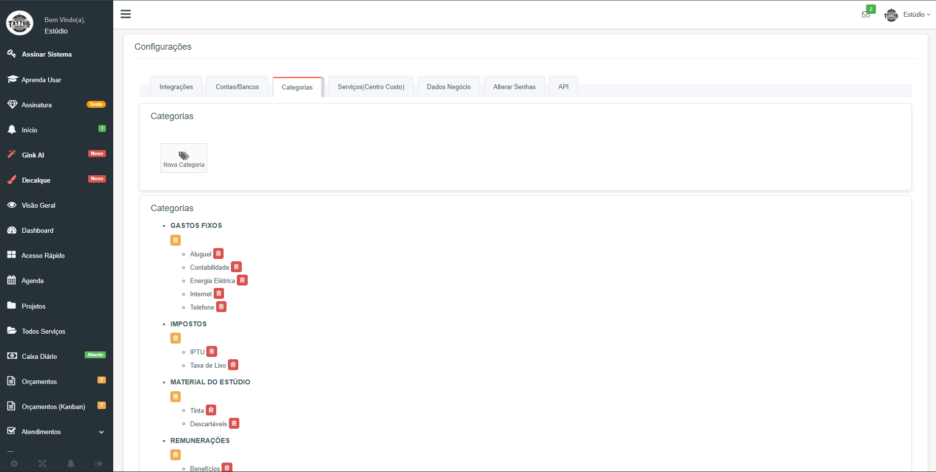 Tela de Configurações de Categorias Financeiras no GestãoInk exibindo grupos e subcategorias