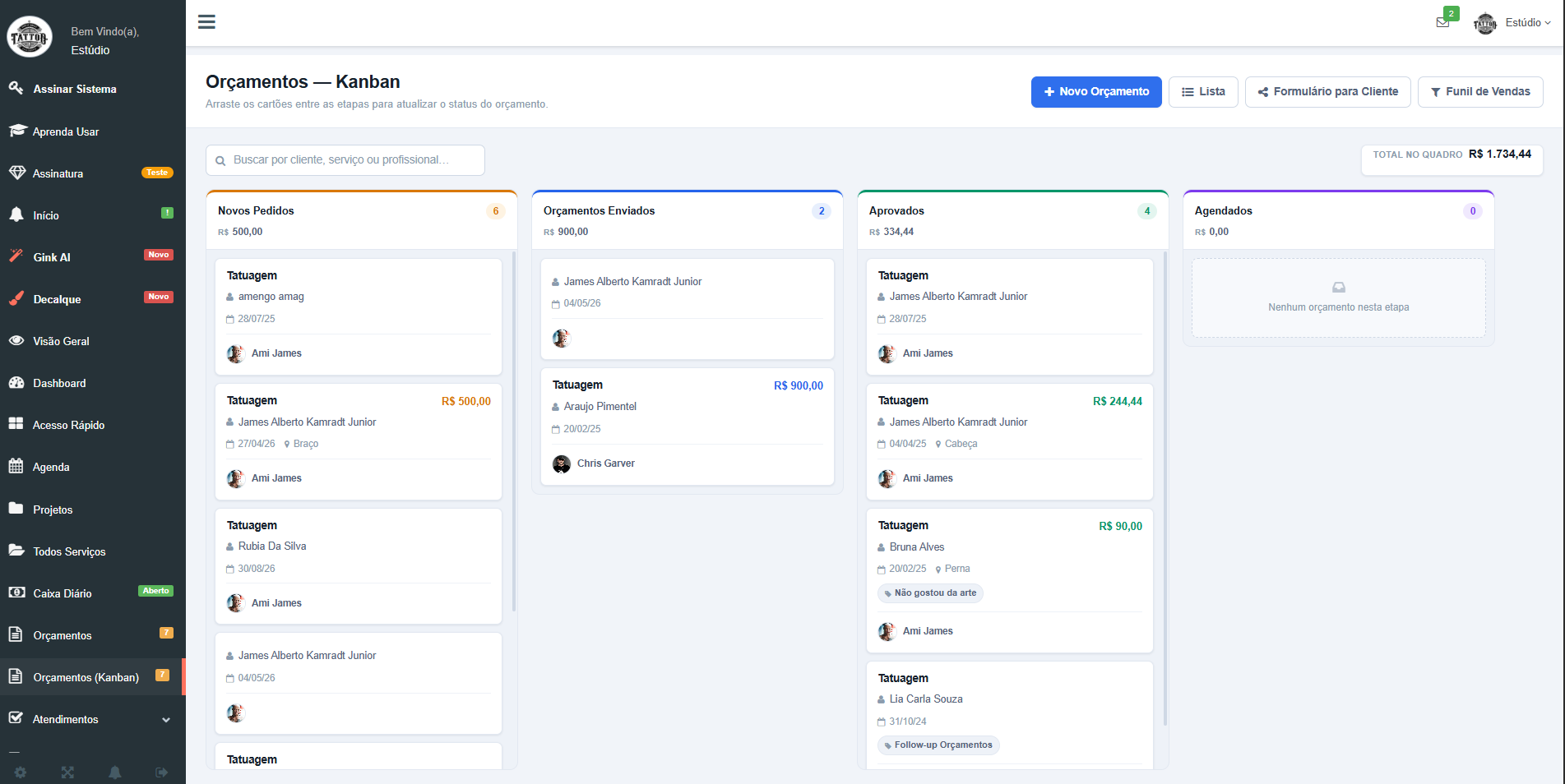 Painel Kanban de gerenciamento e conversão de orçamentos no GestãoInk