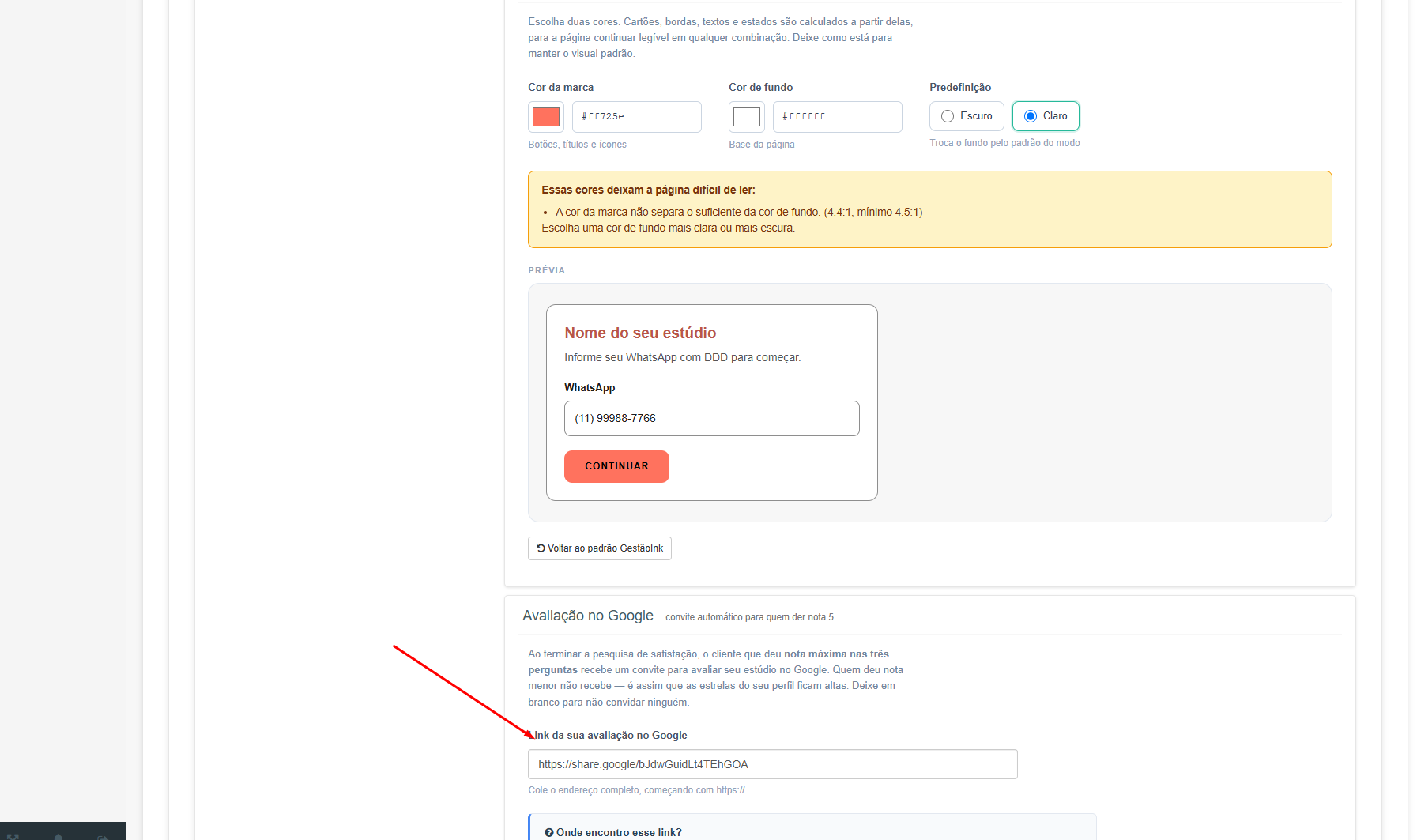 Campo para cadastrar o link de avaliação do Google em Configurações e Dados da Empresa do GestãoInk