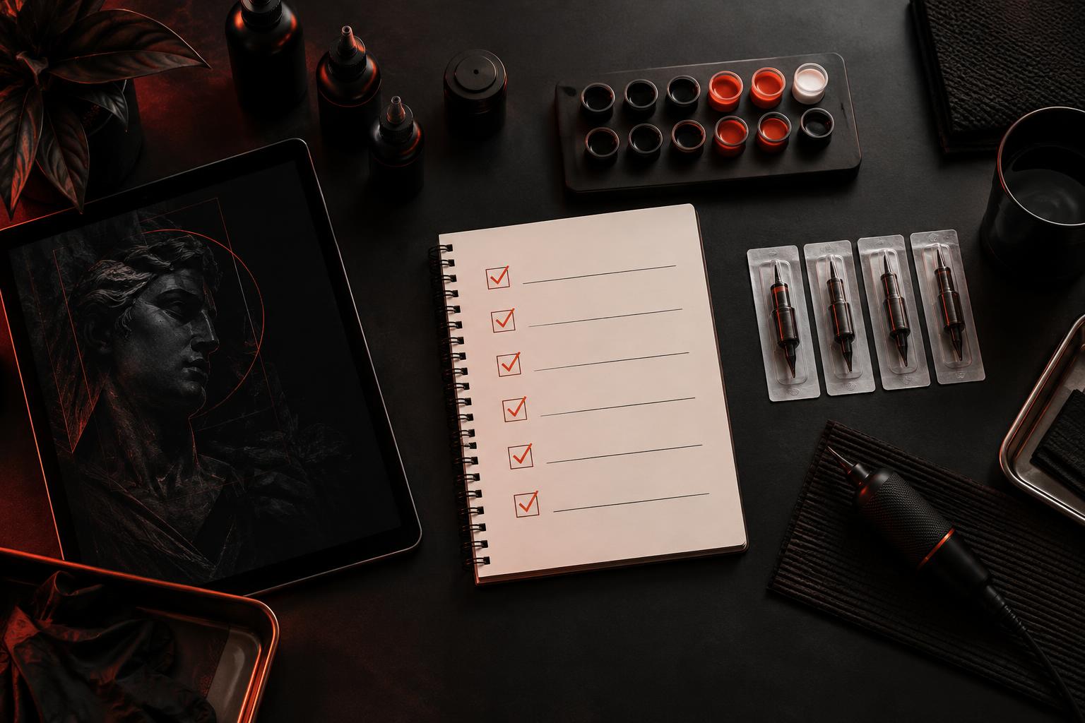 Checklist de avaliação de sistema de gestão ao lado de agulhas e materiais de tatuagem sobre a bancada.