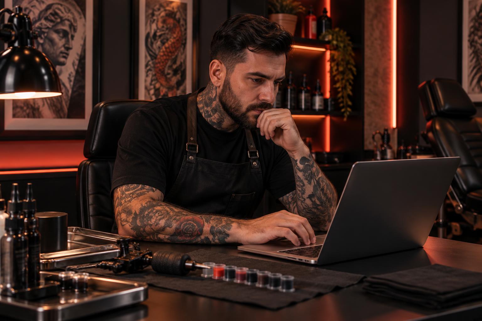Tatuador conferindo orçamentos e agenda em um notebook na bancada do estúdio.