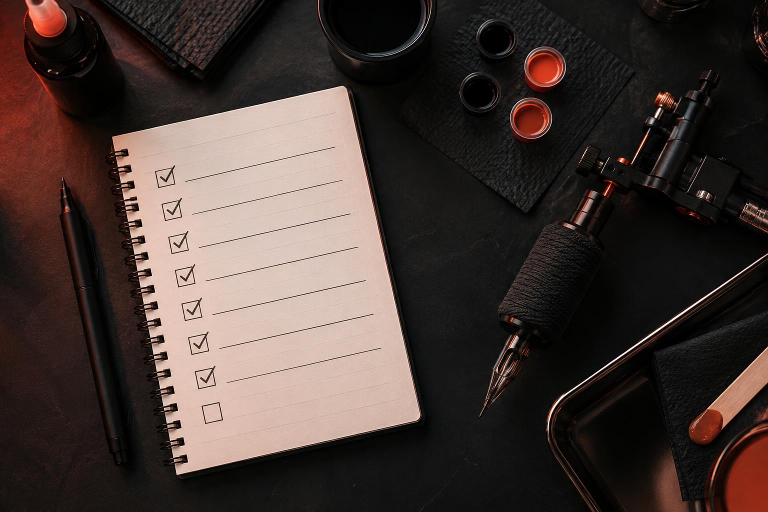 Caderno com checklist de avaliação ao lado de uma máquina de tatuagem e materiais sobre a bancada.