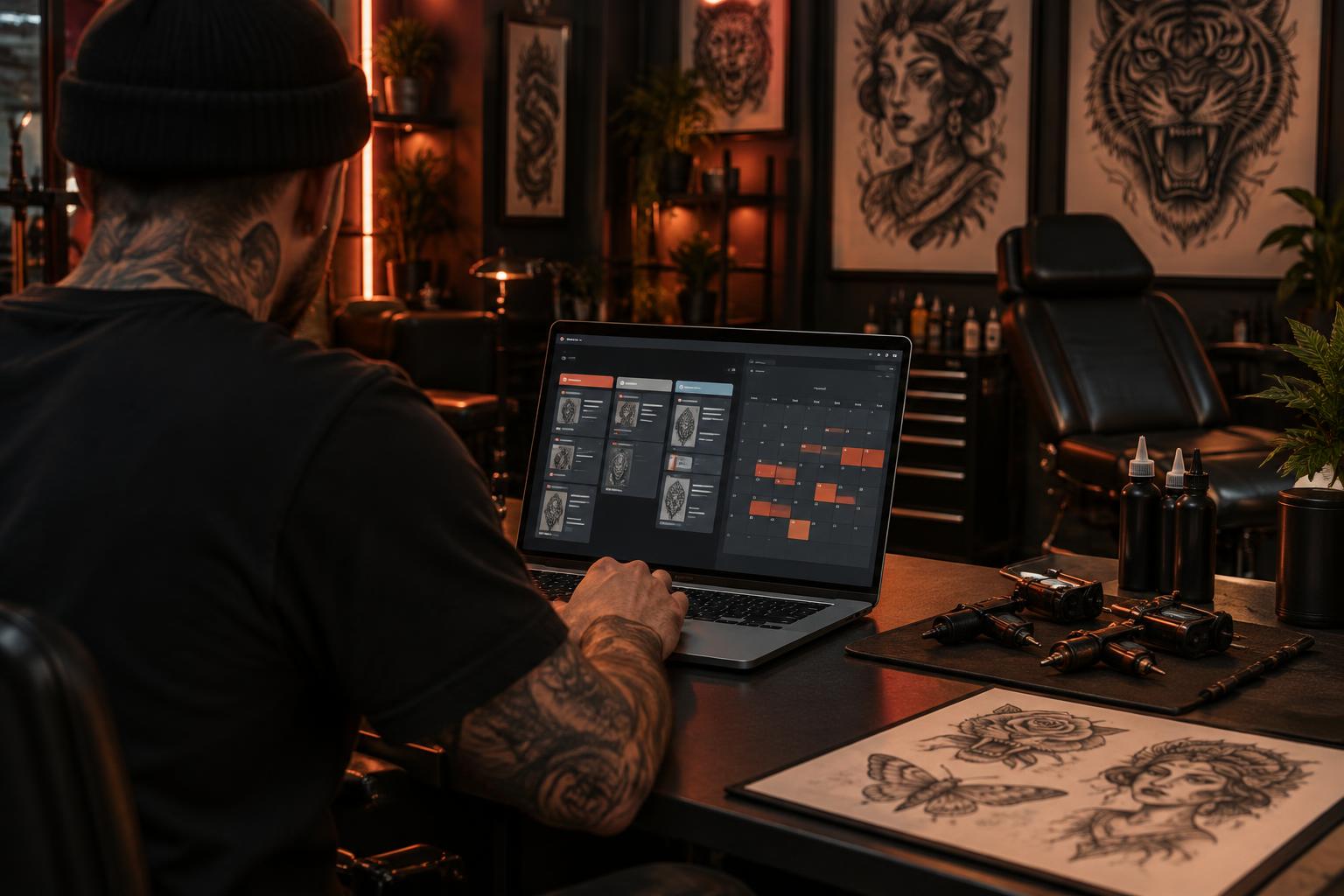 Tatuador acompanhando o funil de clientes, orçamentos e agenda do estúdio em um notebook.