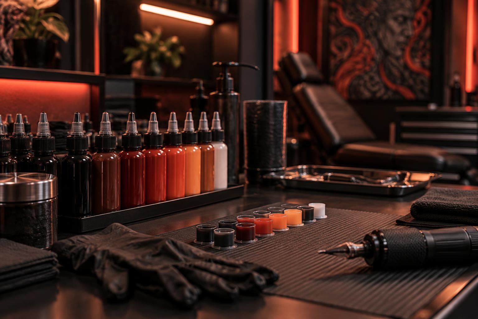Frascos de tinta para tatuagem profissional alinhados em uma bancada de estúdio ao lado de batoques e luvas.