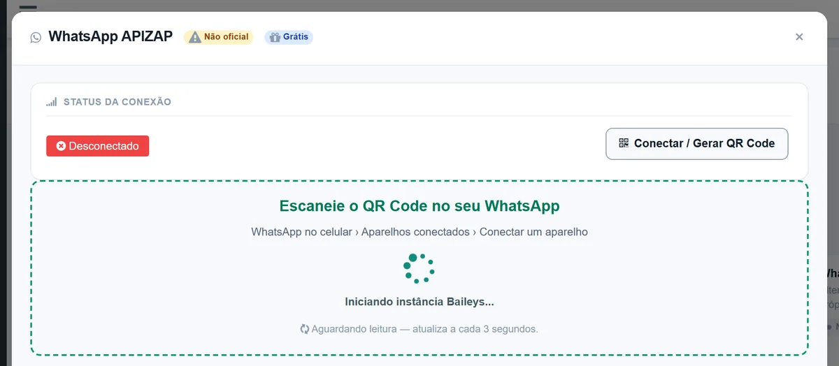 Quadro Escaneie o QR Code no seu WhatsApp, com o caminho WhatsApp no celular, Aparelhos conectados, Conectar um aparelho