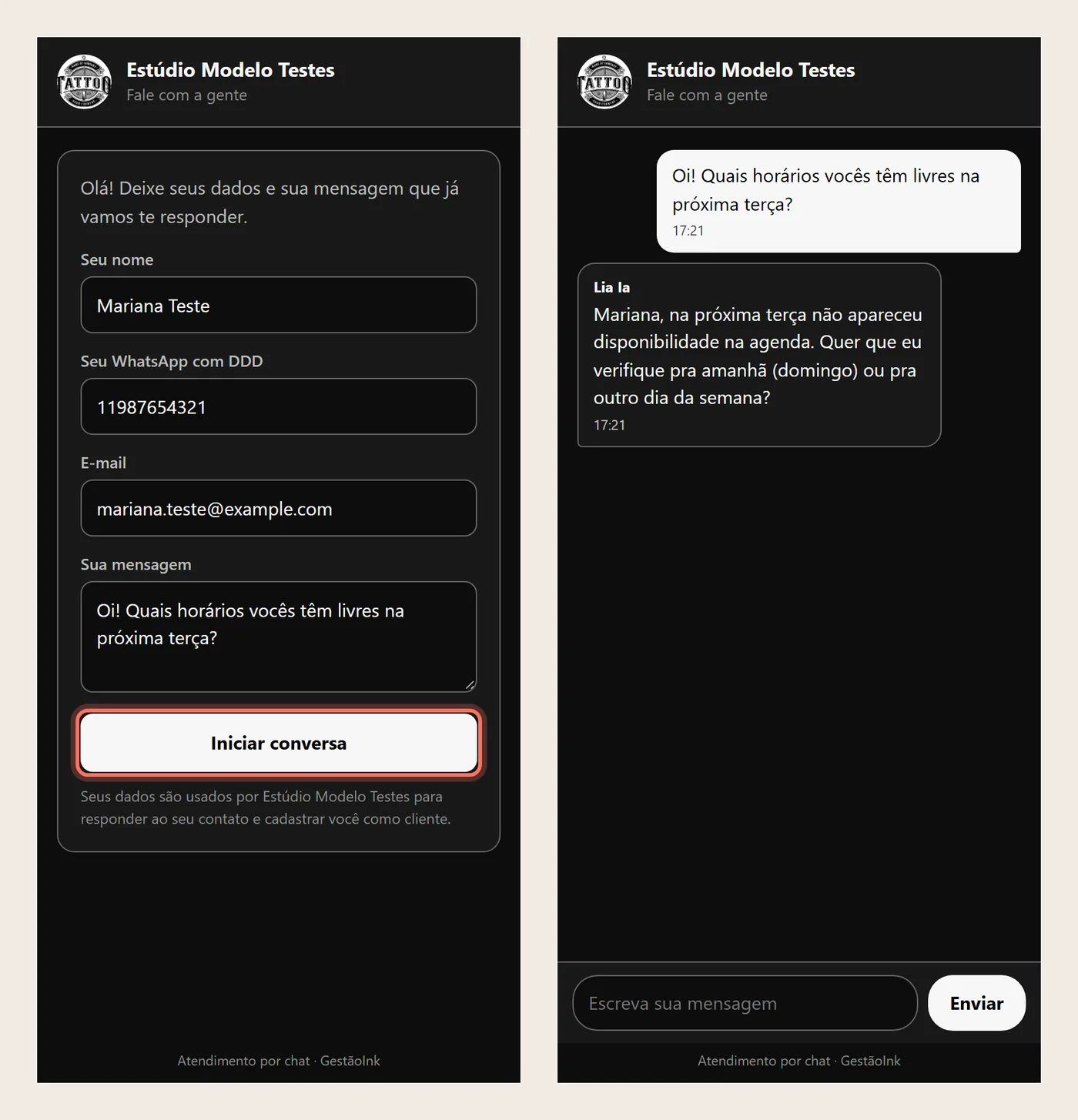 Dois celulares lado a lado: à esquerda o formulário do chat por link preenchido, à direita a pergunta da cliente e a resposta do Atendente IA sobre a agenda