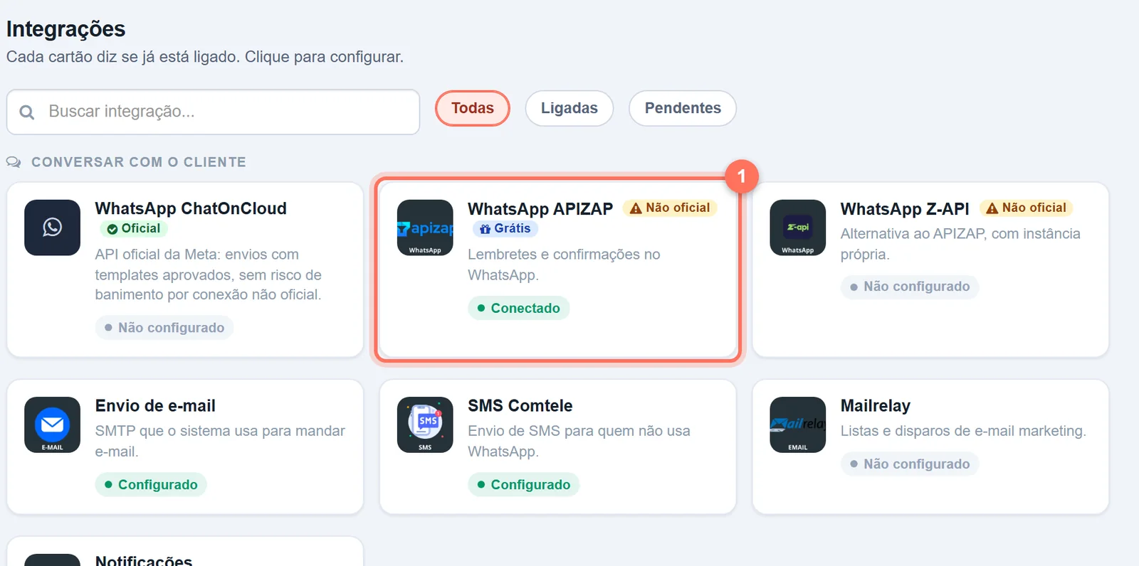 Tela Configurações, aba Integrações, com o cartão WhatsApp APIZAP destacado no grupo Conversar com o cliente
