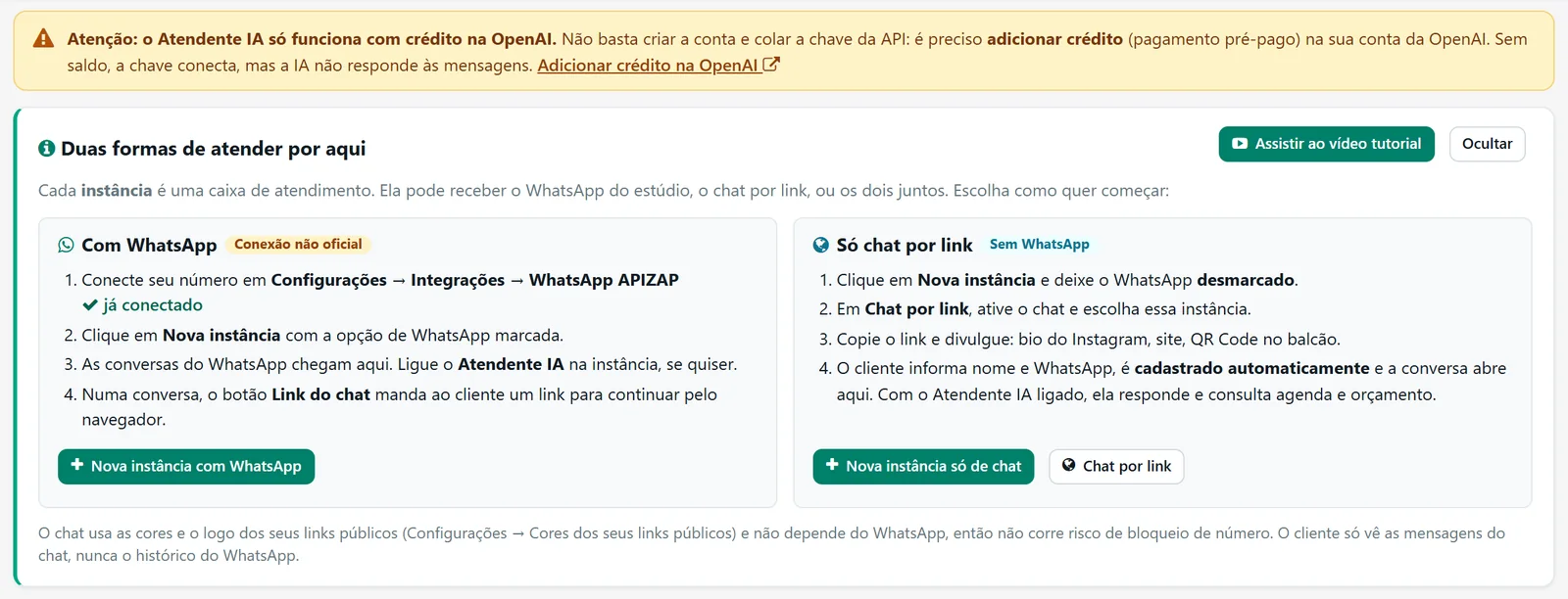 Quadro Duas formas de atender por aqui, com os cartões Com WhatsApp e Só chat por link e seus botões